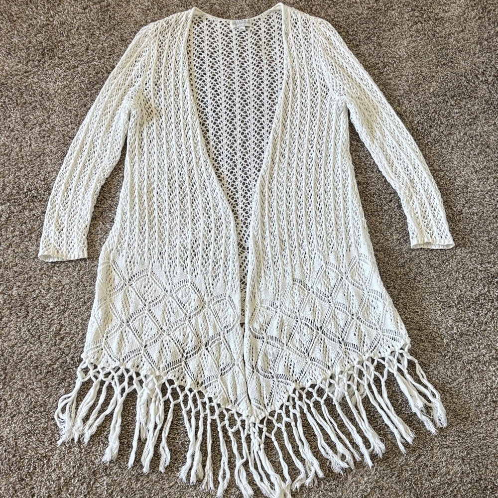 White Boho Crochet Open Front Fringe Long Cover up 100% Cotton Size LP